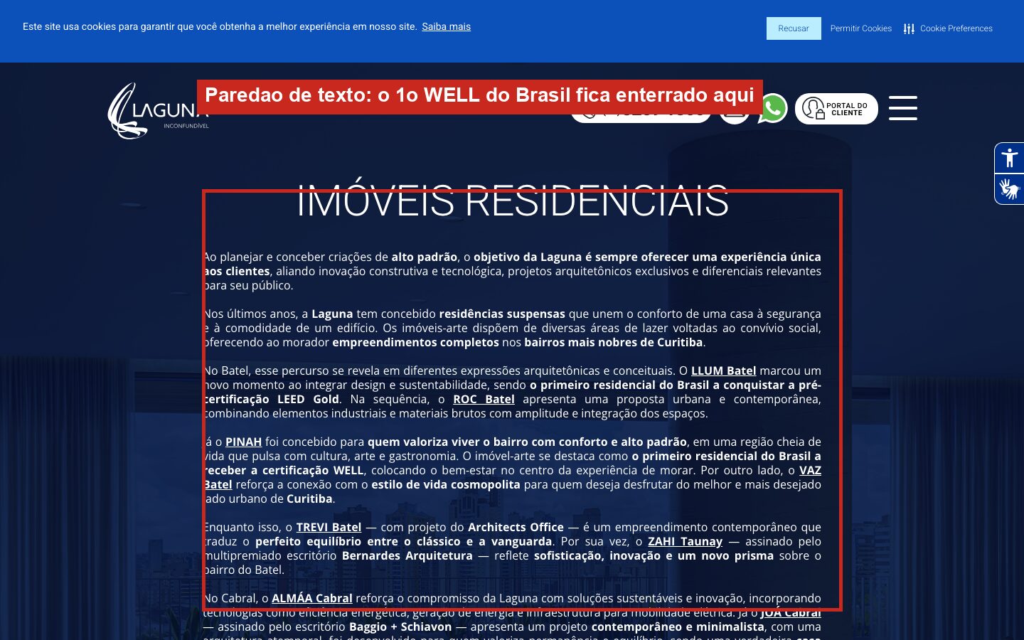 página de empreendimentos, um paredão de texto